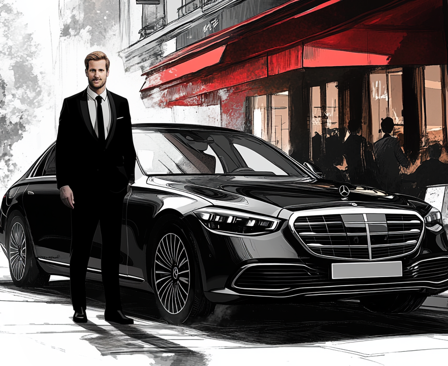 Chauffeured black luxury car in Paris cityscape, iconic Paris street view.